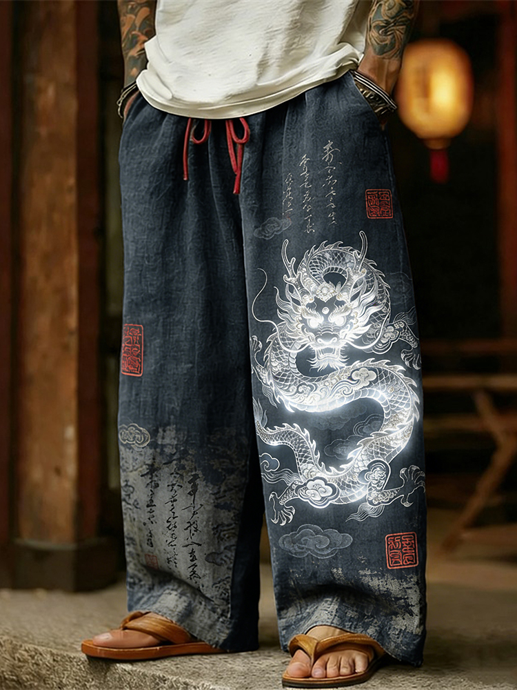 Men's Retro Calligraphy With Dragon Art Linen Pants