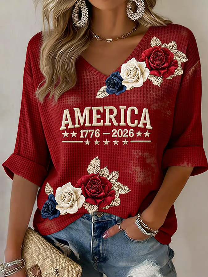 Women's American 250th Anniversary Three-Quarter Sleeve V-Neck Top
