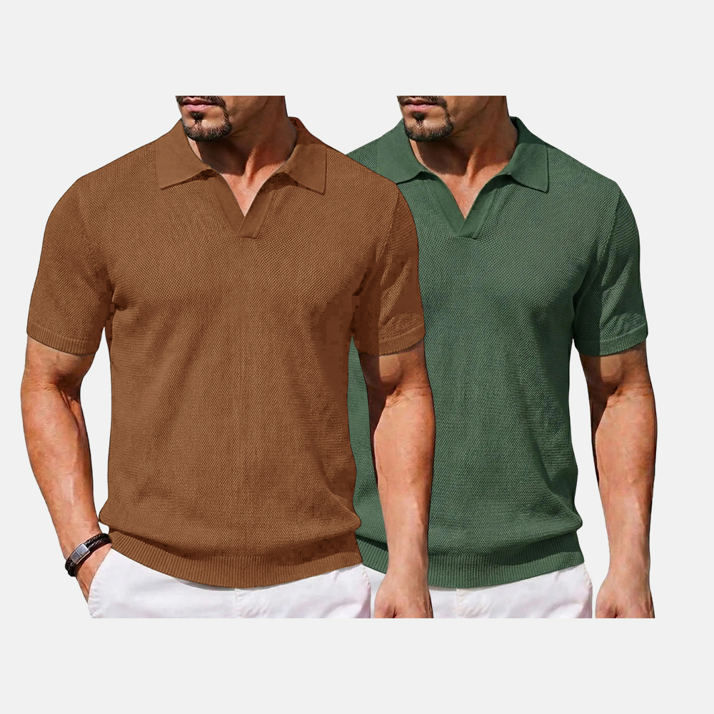 2026 Men's V Neck Short Sleeve Stretch Knit Polo Shirt