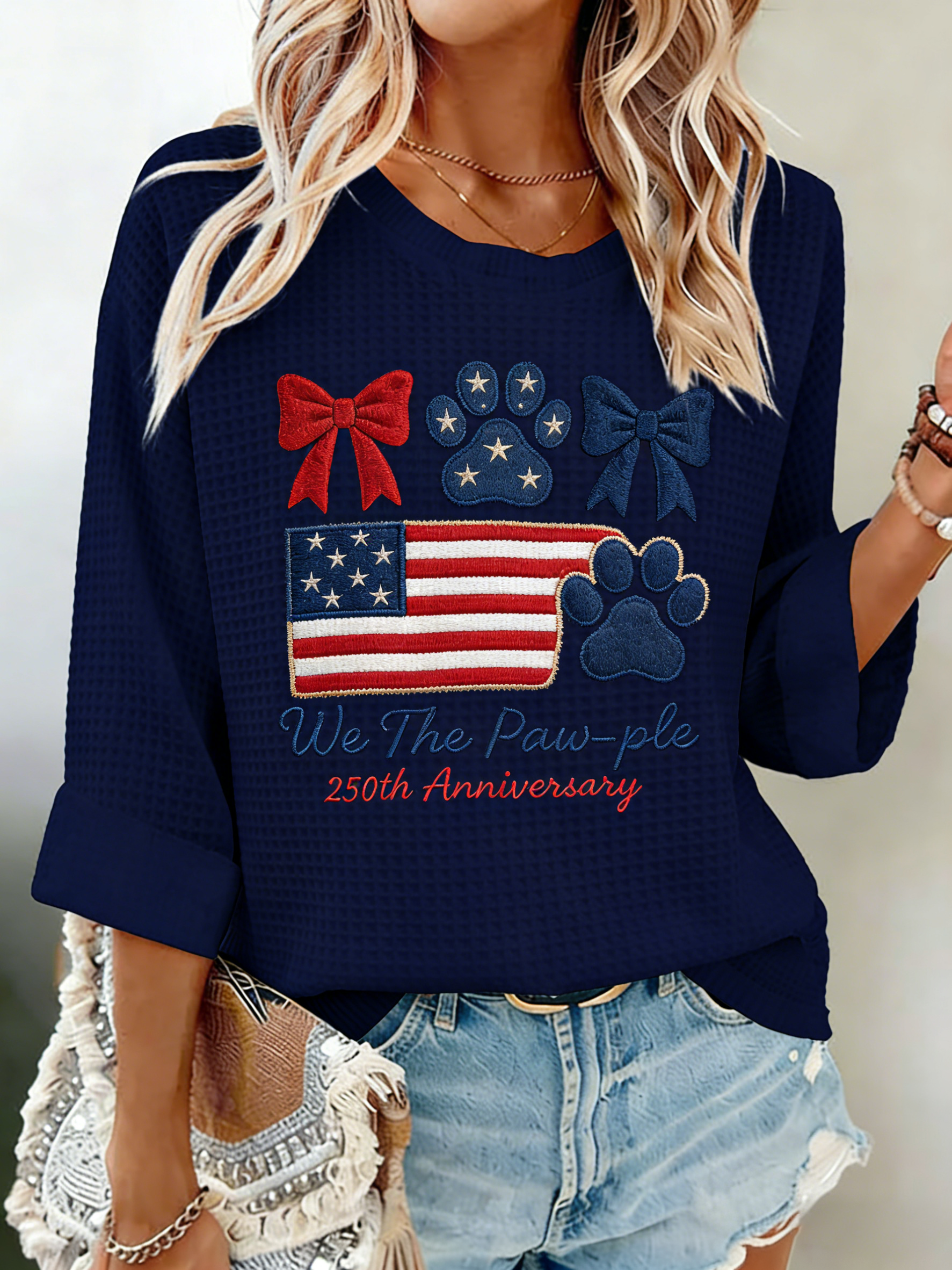 We The Paw-ple 250th Anniversary American Flag Embroidered Waffle Knit Top