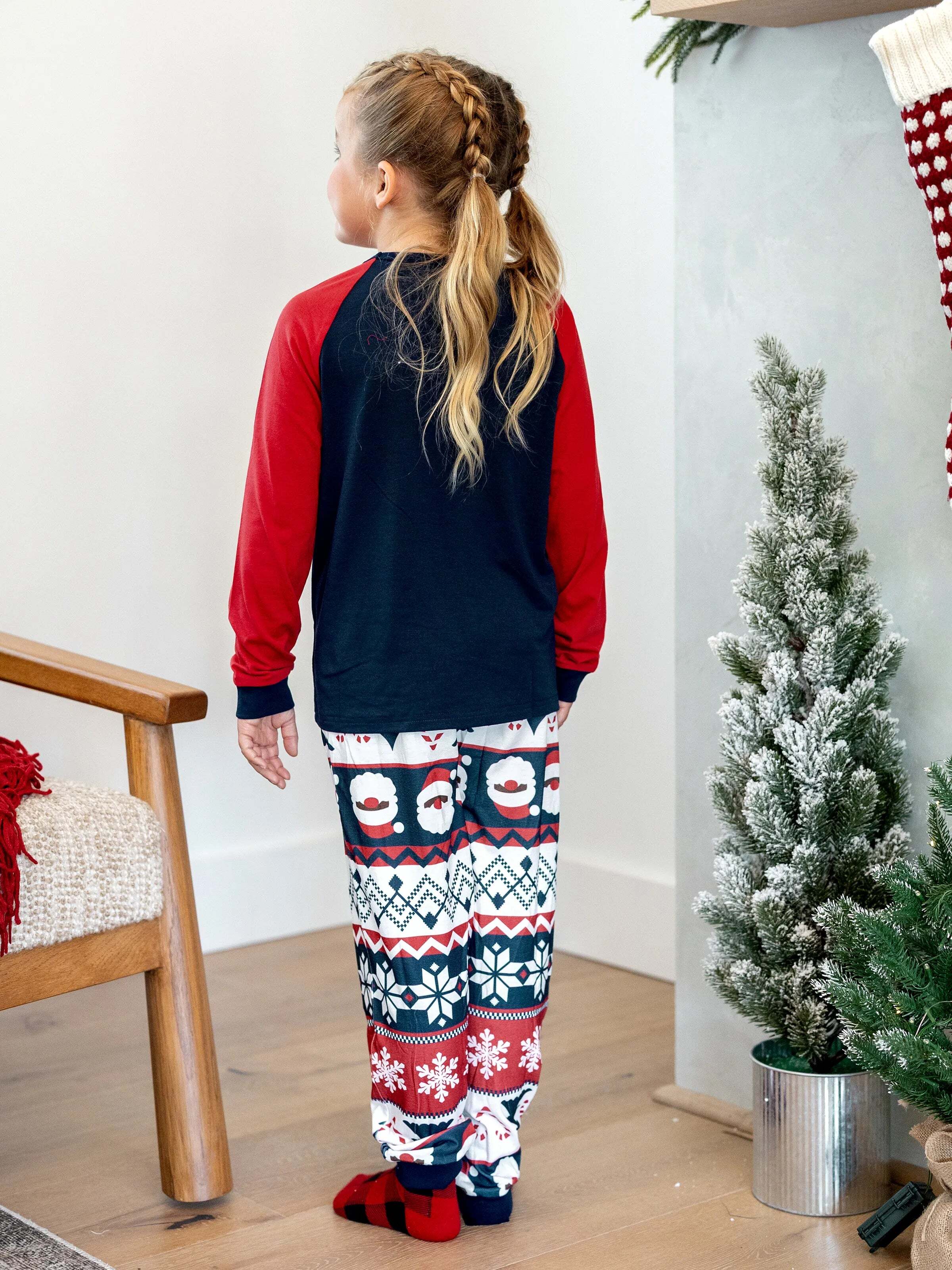 Christmas Matching Family Pajamas Set Glow In The Dark Santa Claus Print PJS with Christmas Socks Deep Blue