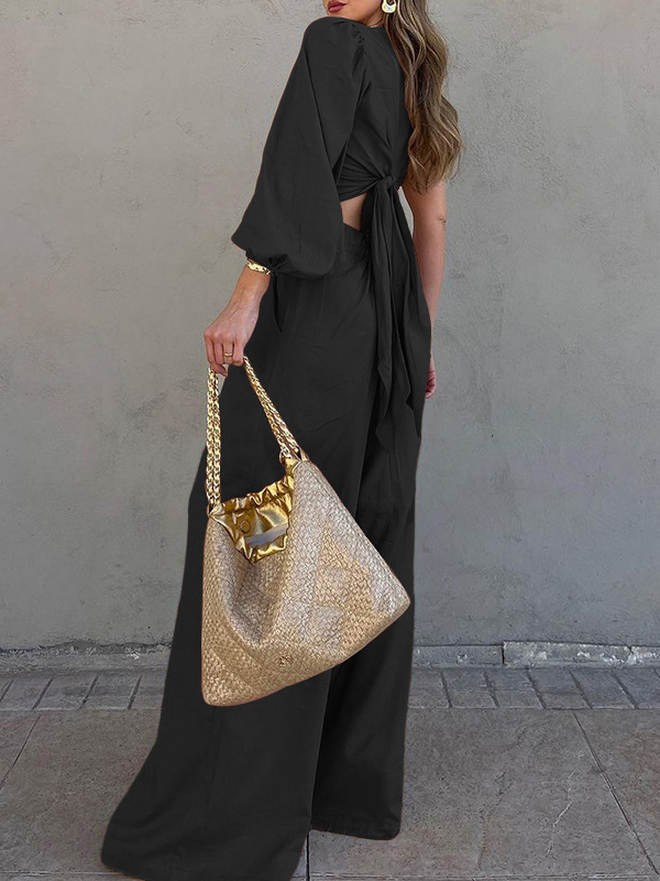 Solid Color One-Shoulder Long Sleeves Loose Asymmetric Elasticity Knot Pleated Shirts Top + Pants Bottom Two Pieces Set