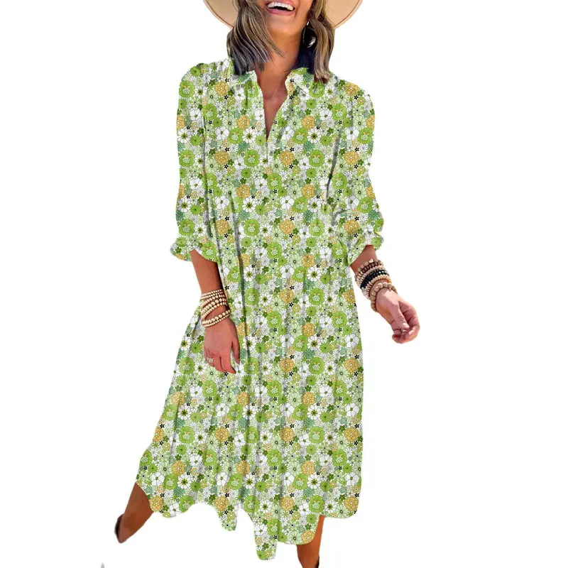 Women's Casual Bohemian Floral Dress 2026 V-Neck Long Puff Sleeve Midi Dress Soft Fabric Comfortable Summer Dress - Womenswear