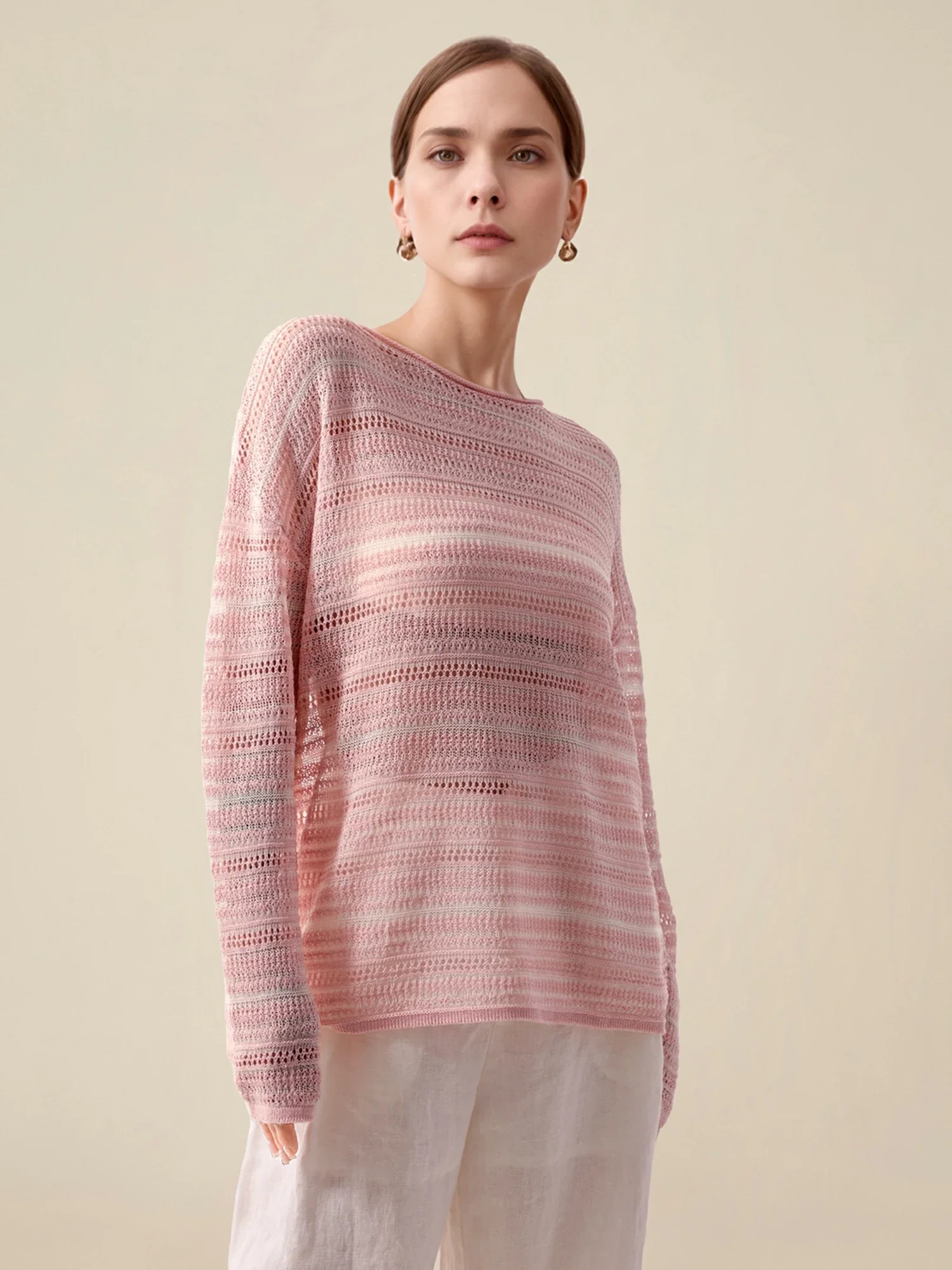 Lyocell & Silk Boat Neck Long Sleeve Striped Top