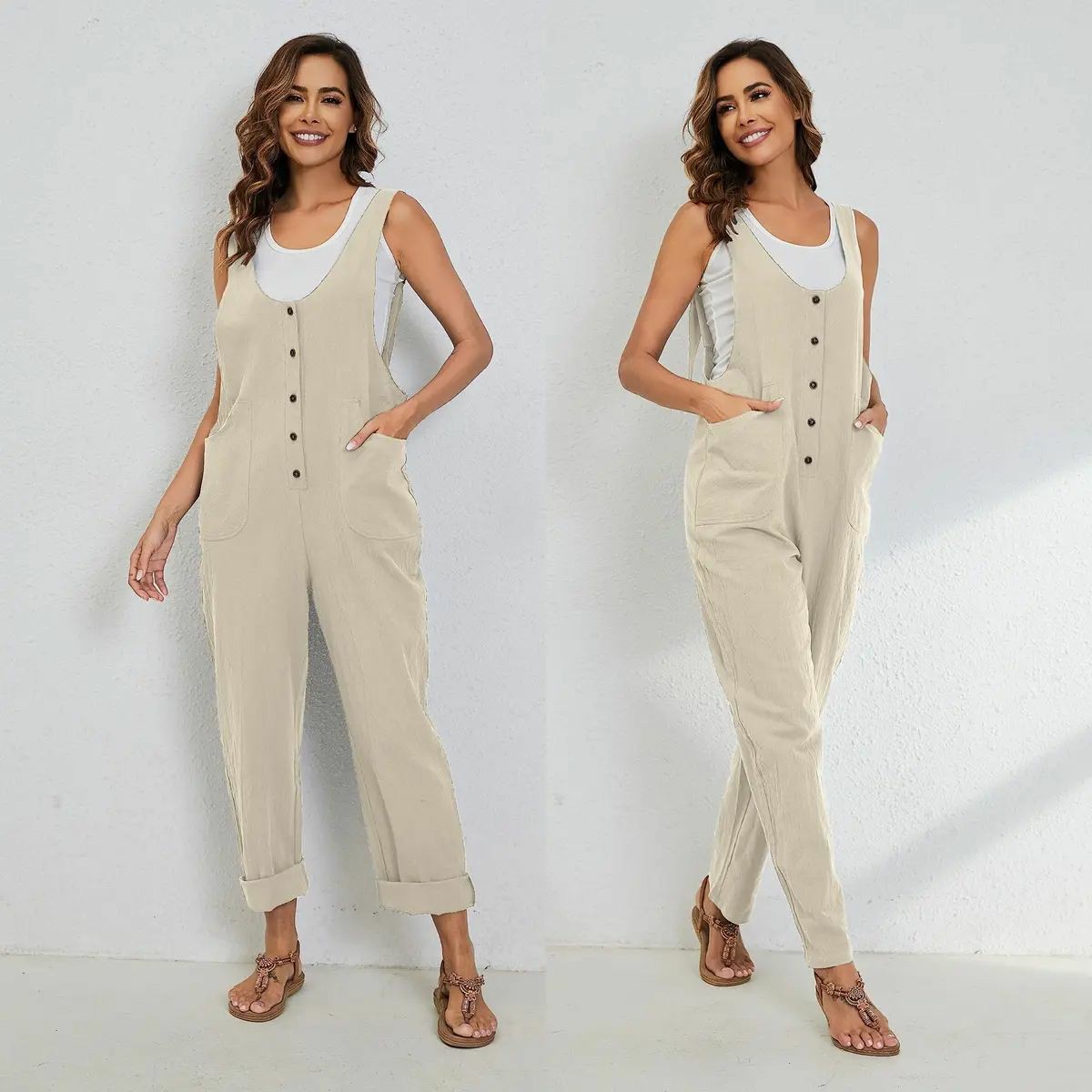Women's Overalls Linen Cotton Jumpsuits Casual Loose Jumpers Adjustable Straps with Pockets Summer Rust Sleeveless