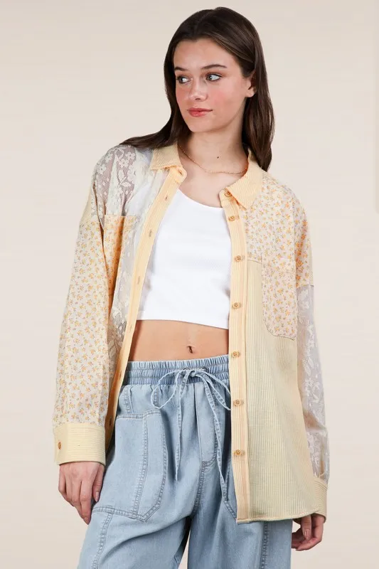 Plus Size Contrast Ribbed Knit Lace Shacket