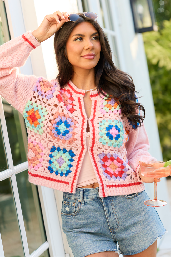 Emmie Pink Crochet Open Cardigan