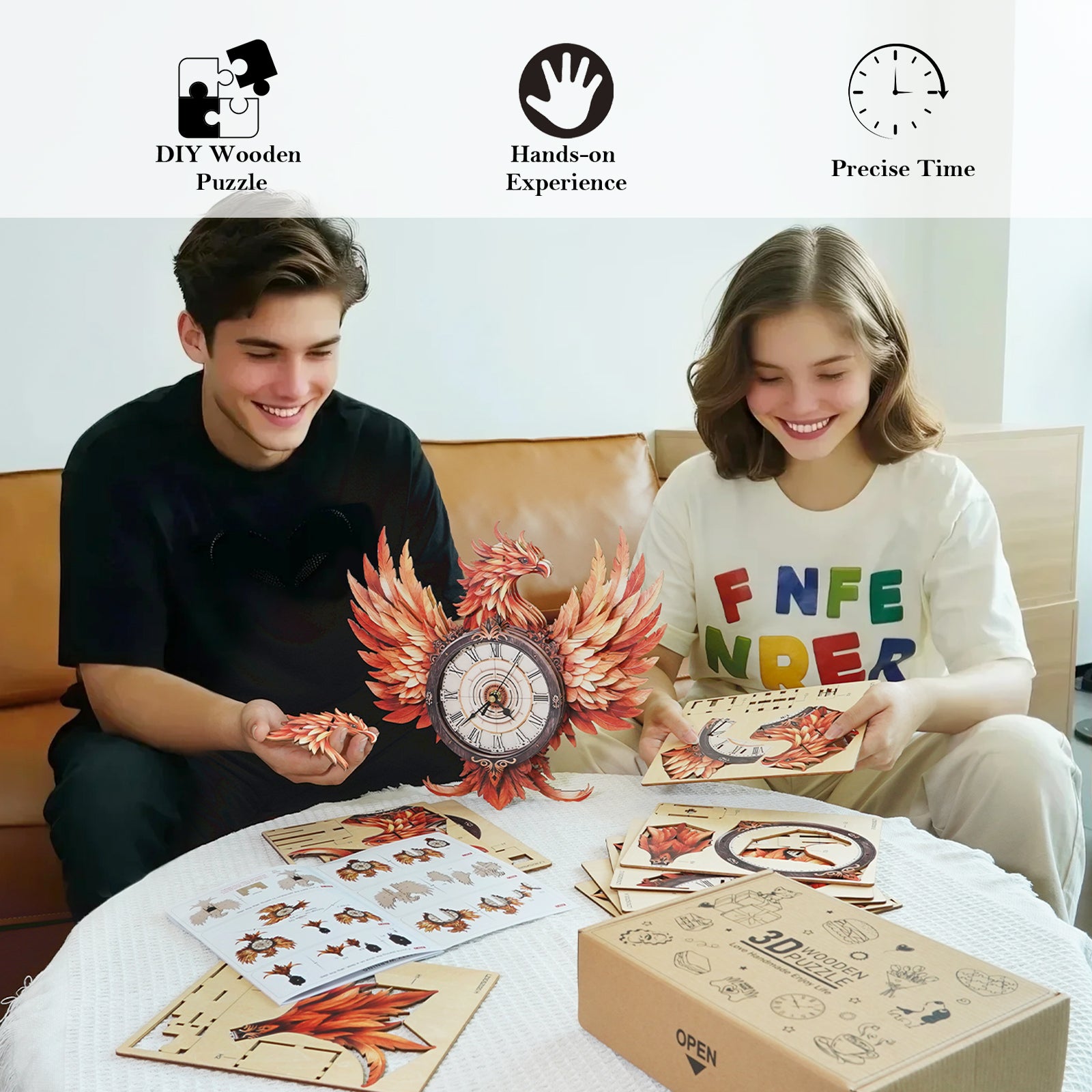 Fire Phoenix â€“ DIY Wooden Clock, 3D Puzzle Craft Kit