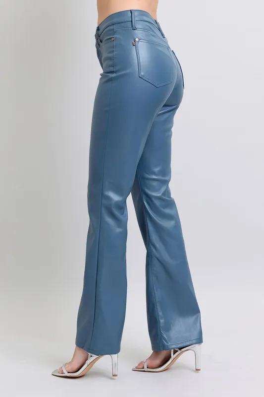Blue Full Size High Waist Tummy Control Faux Leather Bootcut Pants Plus Size
