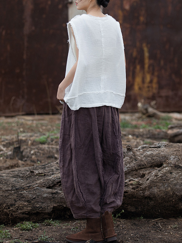 Fringed Pleated Solid Color Split-Joint Loose Sleeveless V-Neck Vest Top