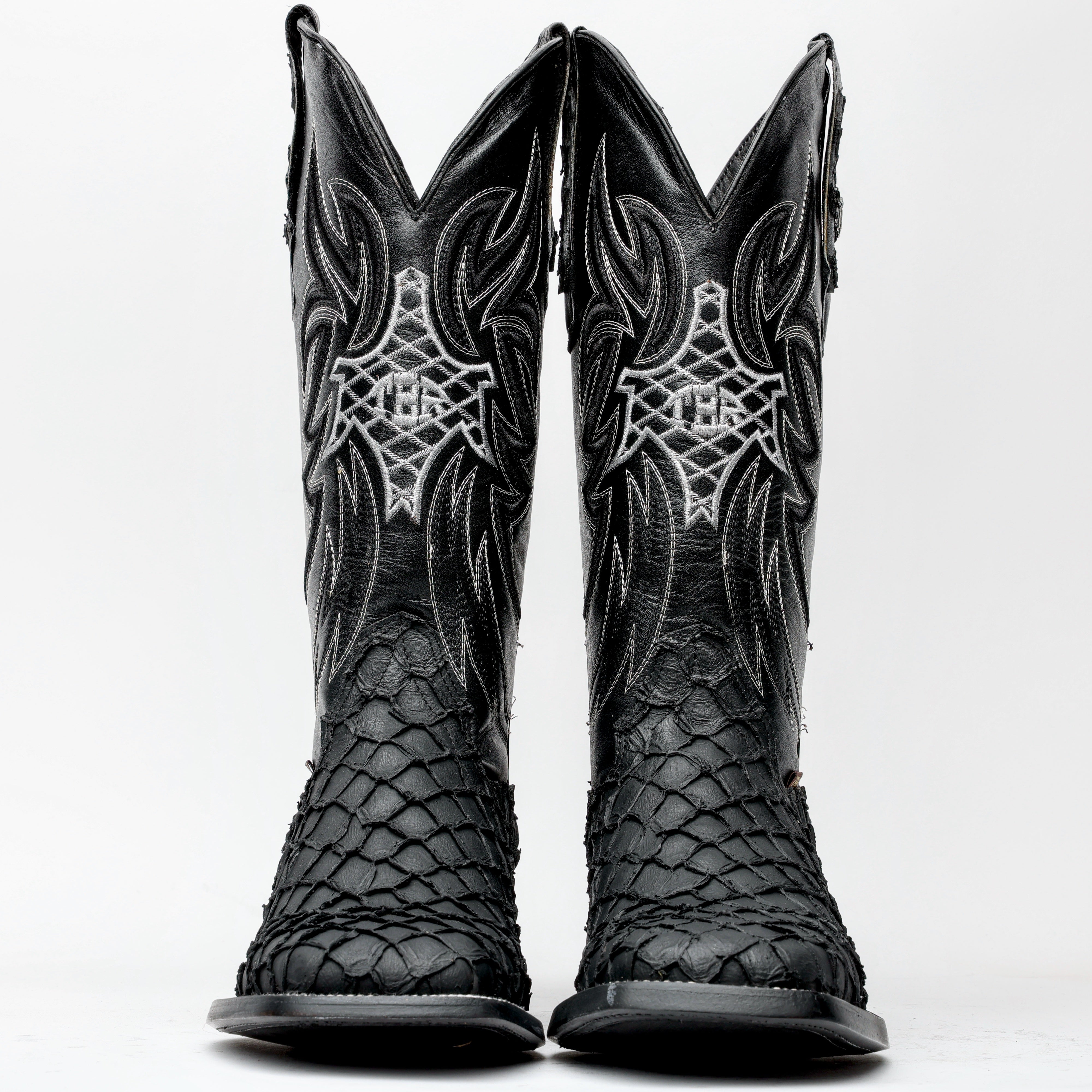 Matte Black Mini Pirarucu Leather Boots - Square Toe