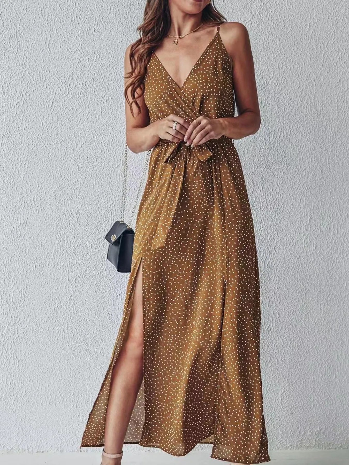 Slit Printed Surplice Midi Dress