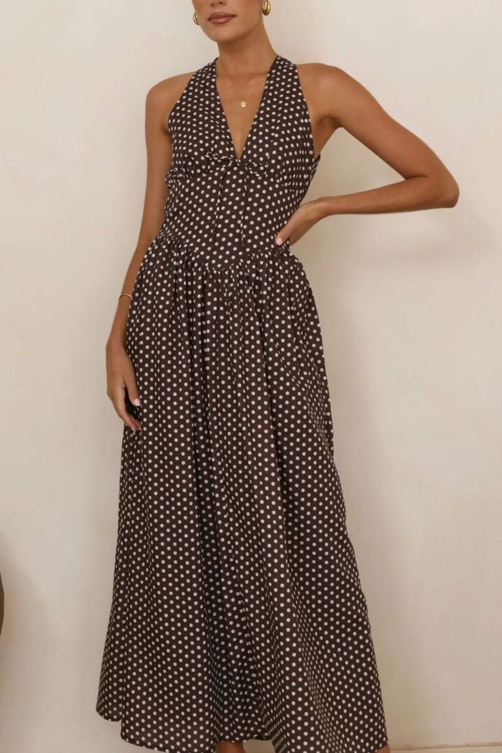 Backless Polka Dot Halter Neck Maxi Dress