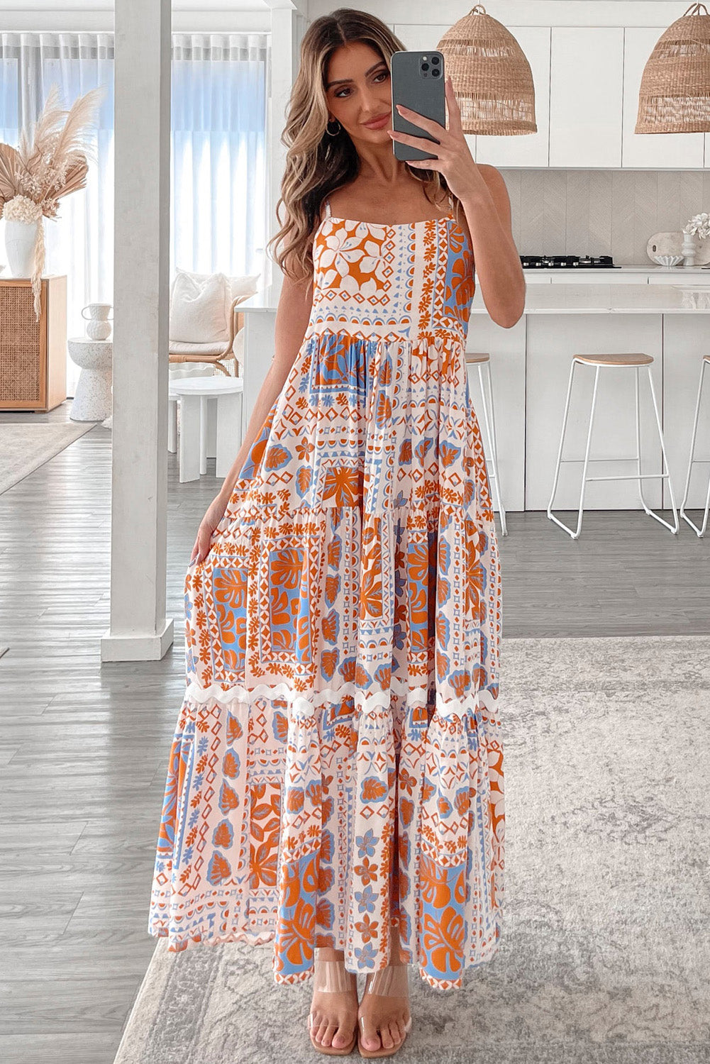 Orange Floral Print Ricrac Trim Spaghetti Straps Maxi Dress