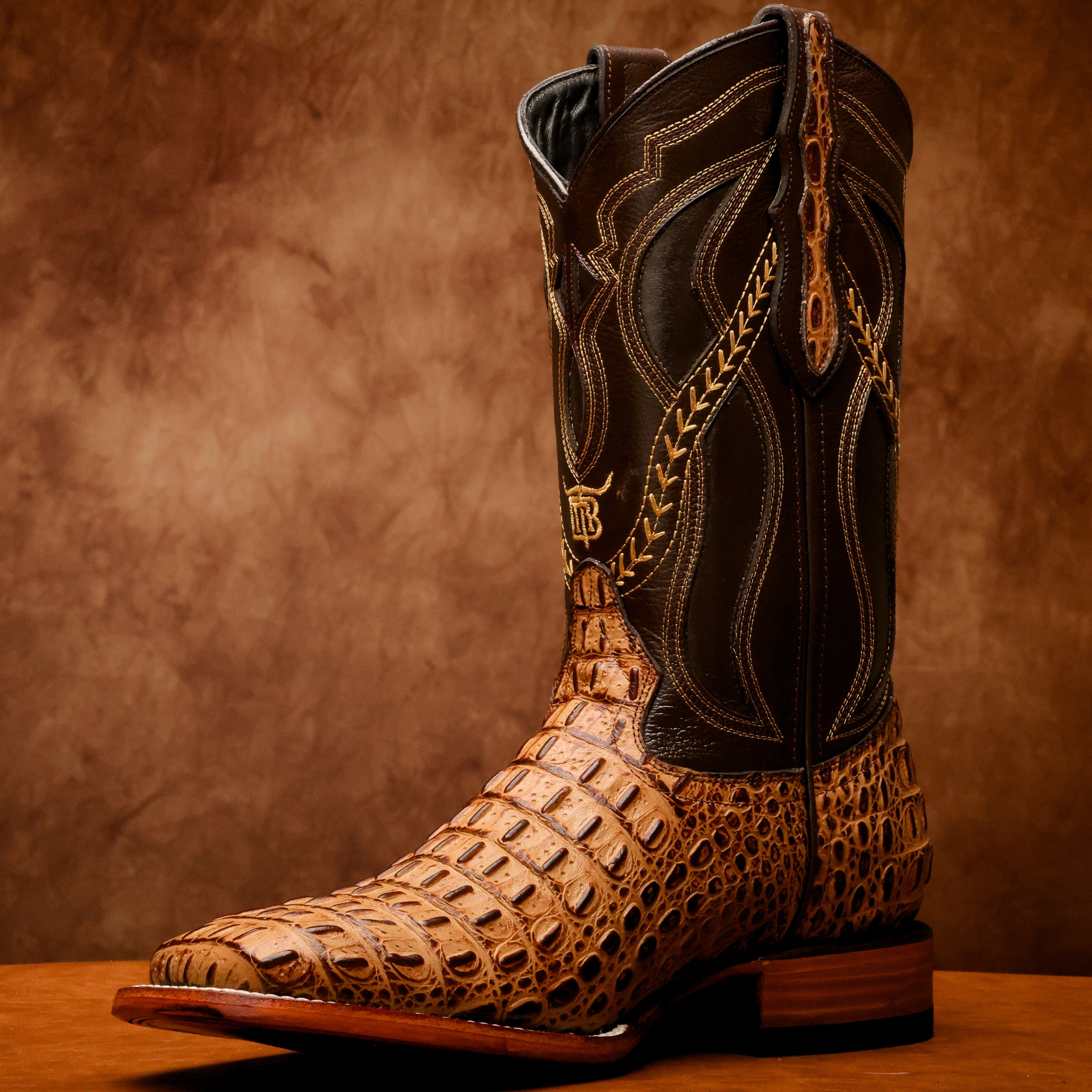 Honey Caiman Hornback Leather Boots - Square Toe