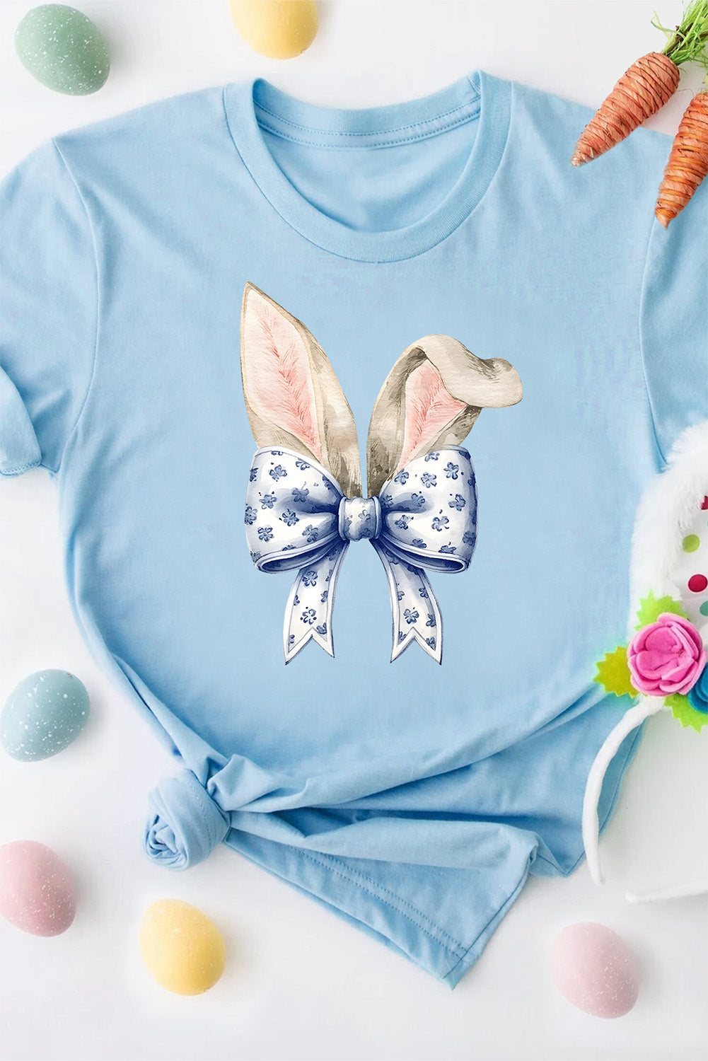 Light Blue Easter Bunny Ears Coquette Bow Graphic Tee
