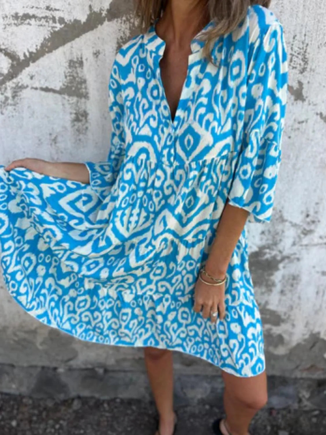 Plus Size Ethnic Print Notched Half Sleeve Midi Dress