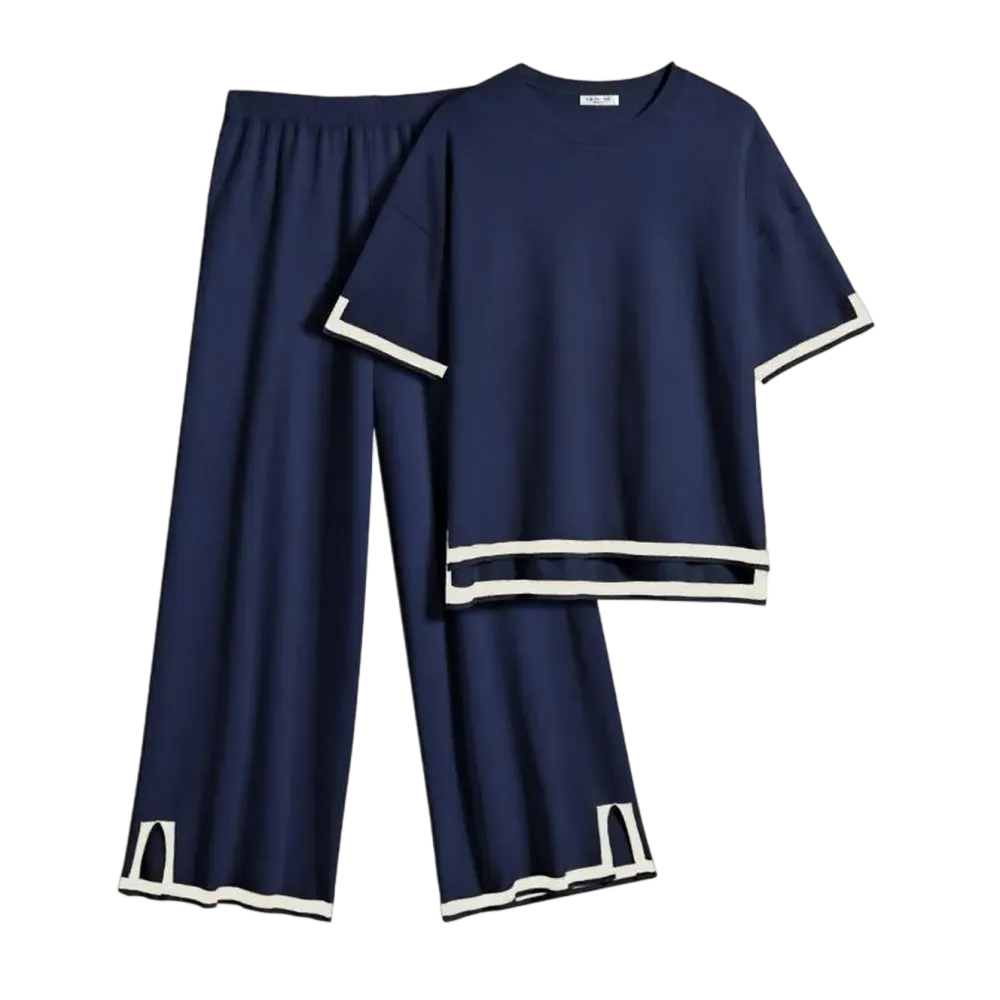 Women’s 2-Piece Knit Lounge Set – Short Sleeve Top & Wide-Leg Pants
