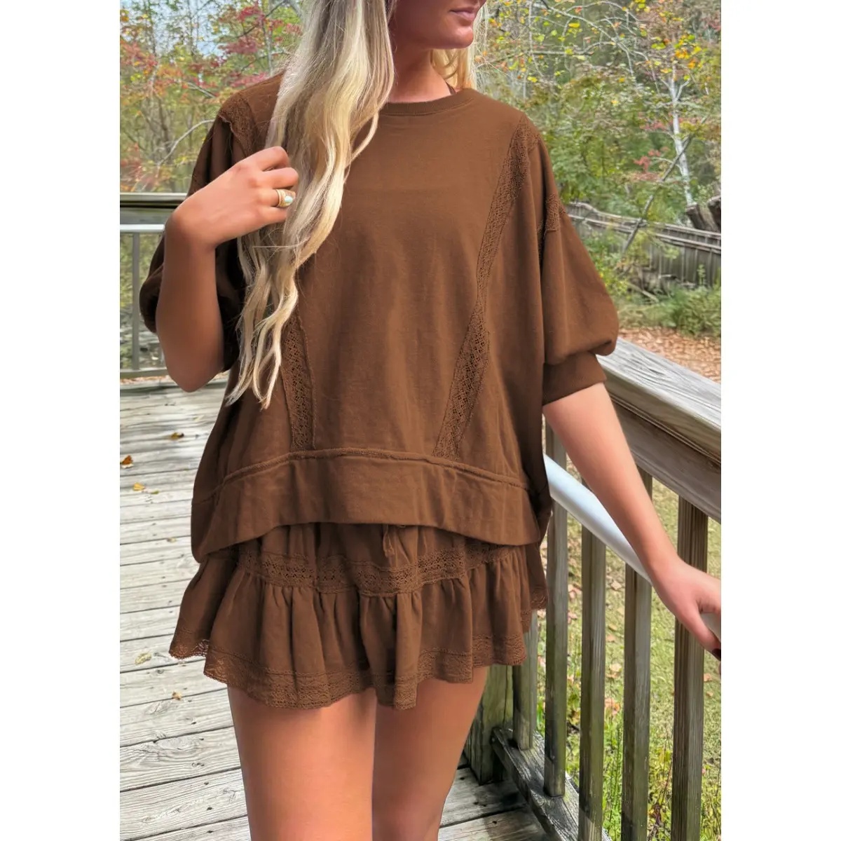 Fisoew Women's 2 Piece Cotton Lace Trim Outfit Set Short Sleeve Puff Sleeve Top & Ruffled Shorts Soft Casual Outfit