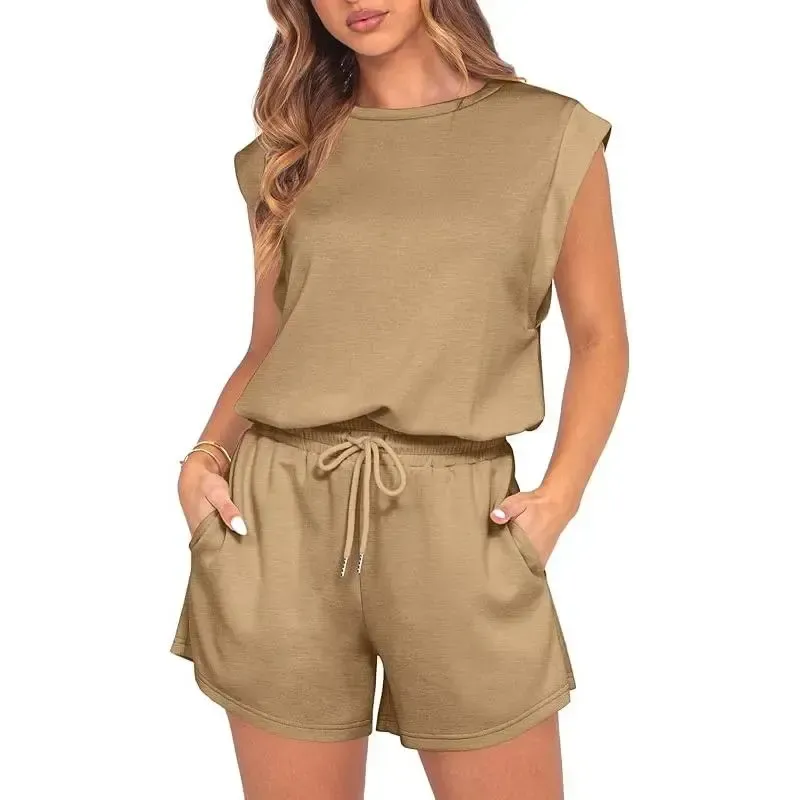 Women 2026 Summer Cap Sleeve Adjustable Drawstring Waistband Cozy Lounge Short Jumpsuit With Pocket