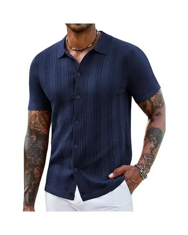 Men's Knit Shirts Short Sleeve Casual Button Down Polo Shirt Summer Beach Vacation Shirts Outfit Top