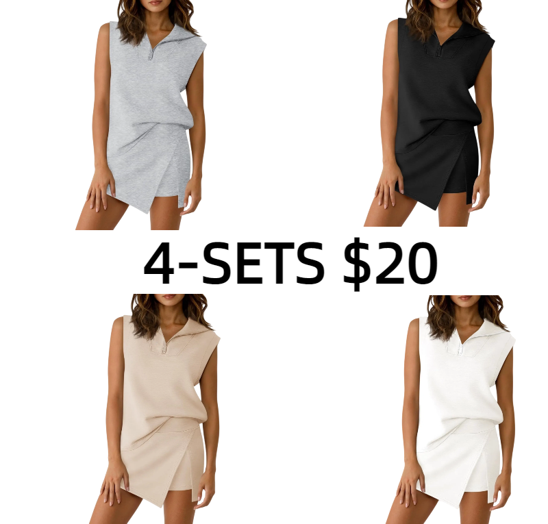 Womens 2 Piece Skirt Sets Summer Sleeveless Half Zip Sweatshirt Athletic Skorts Tennis Outfits Casual Sweatsuits