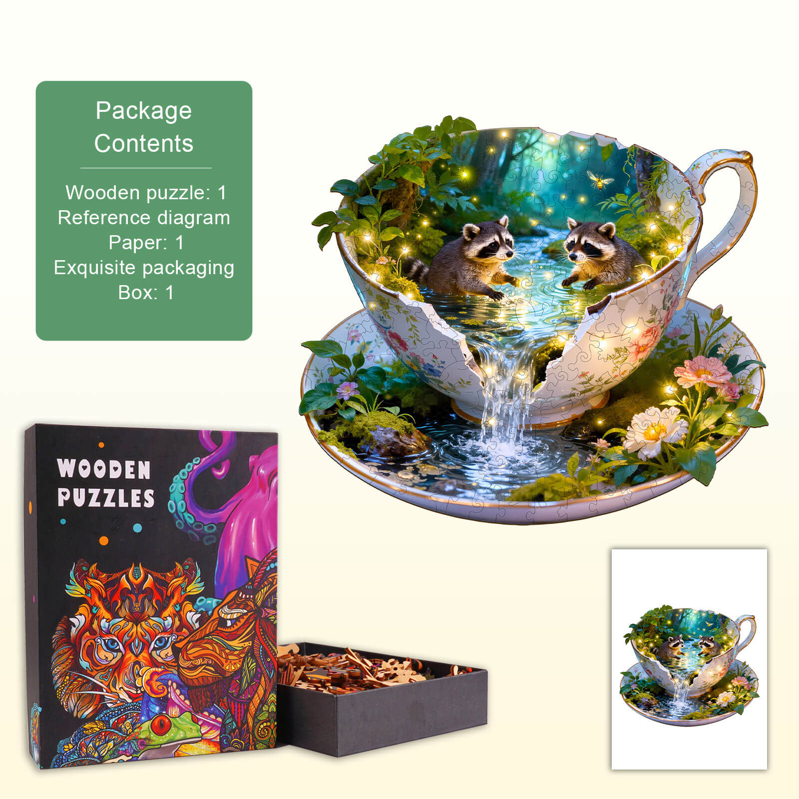 Raccoons Playing Wooden Jigsaw Puzzle