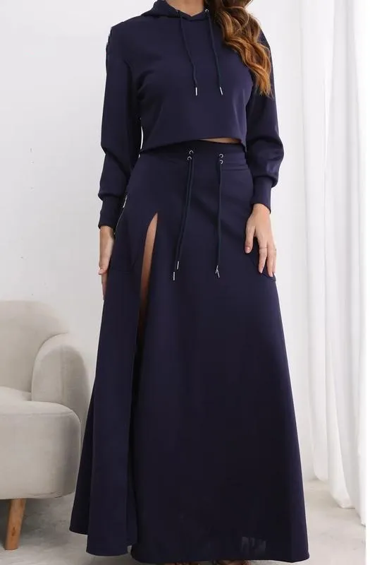 Women's Solid Drawstring Hoodie & Split Thigh Skirt Set