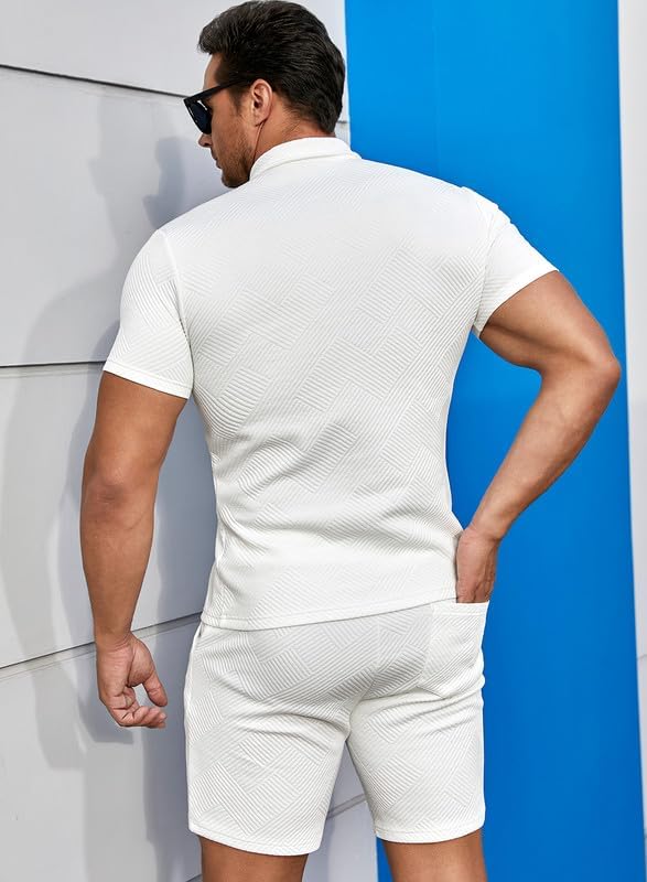 Men's Polo Shirt and Shorts Set Soild Color Geometric Texture Casual Short Sleeve 2 Piece Outfits Sweatsuits Summer