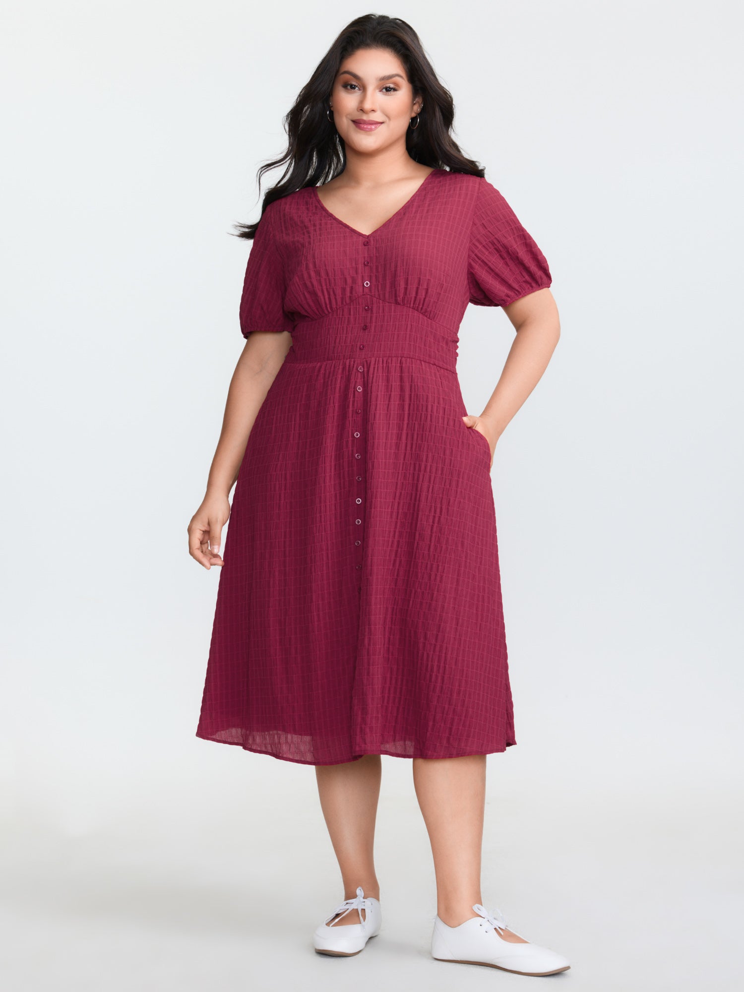 Textured Shirred Cinched-Waist Midi Dress