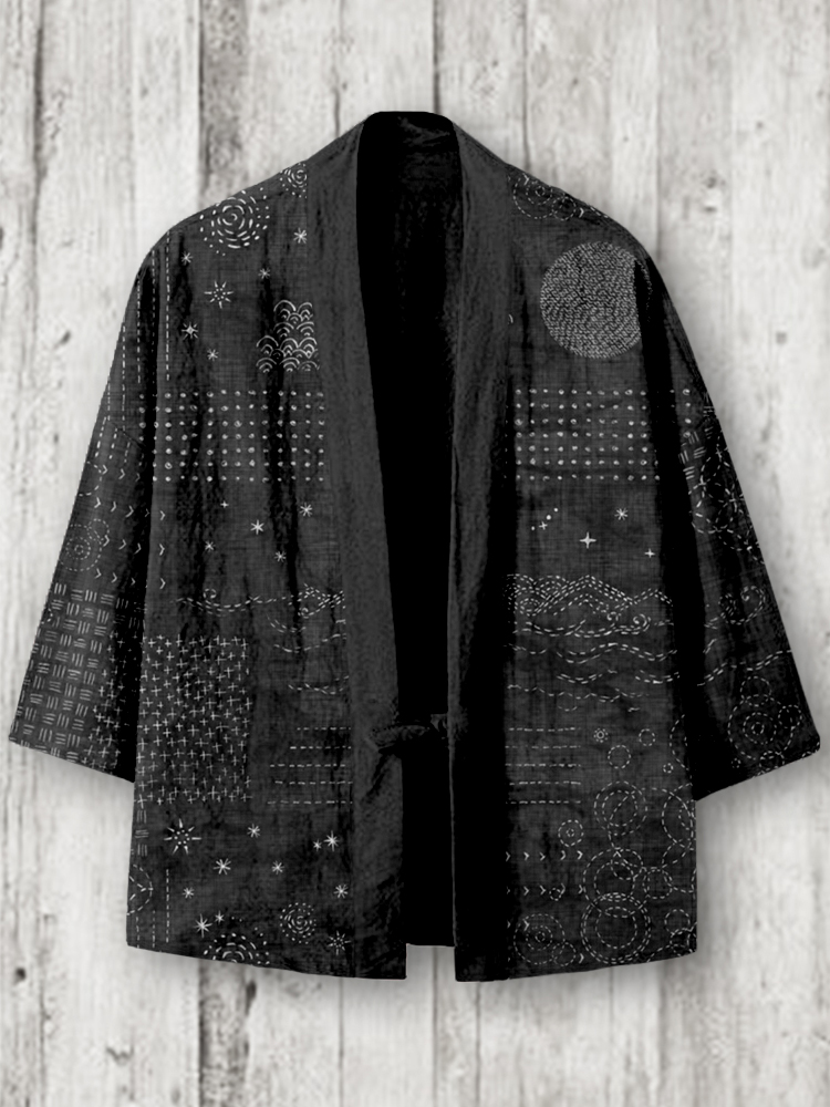 Vintage Japanese Sashiko Art Linen Blend Kimono Cardigan