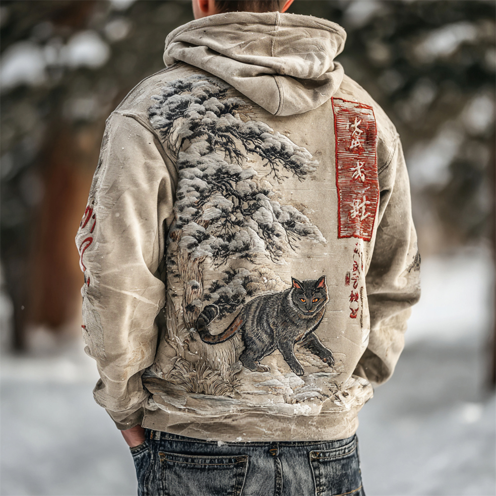Japanese Cat & Snow Figure Embroidery Men's Hooded Sweatshirt
