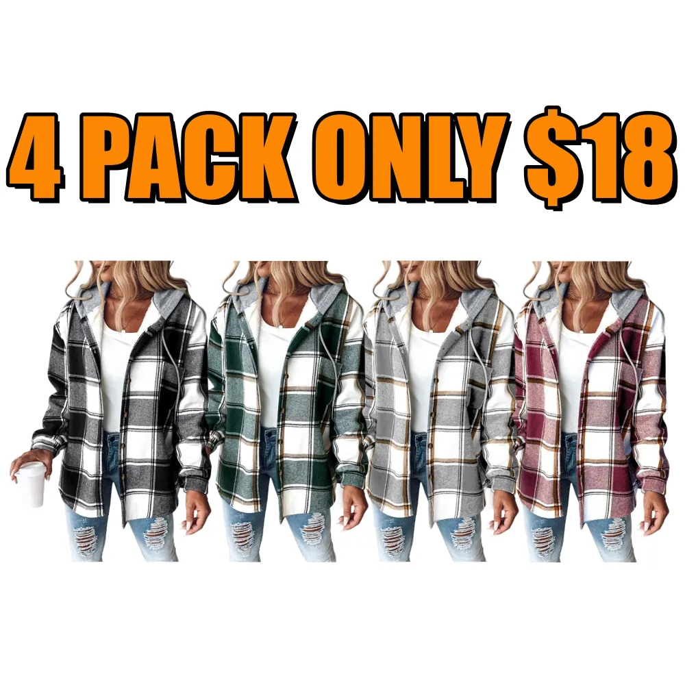 Women's Plaid Pattern Shacket  Hooded Jackets