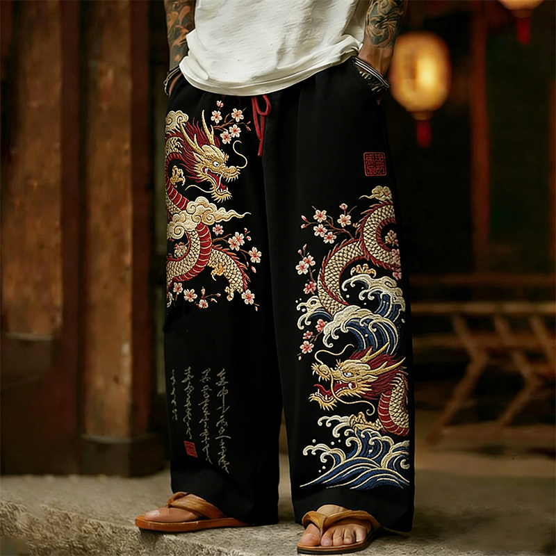 Men's Retro Japanese Dragon With Cherry Blossoms Art Linen Pants