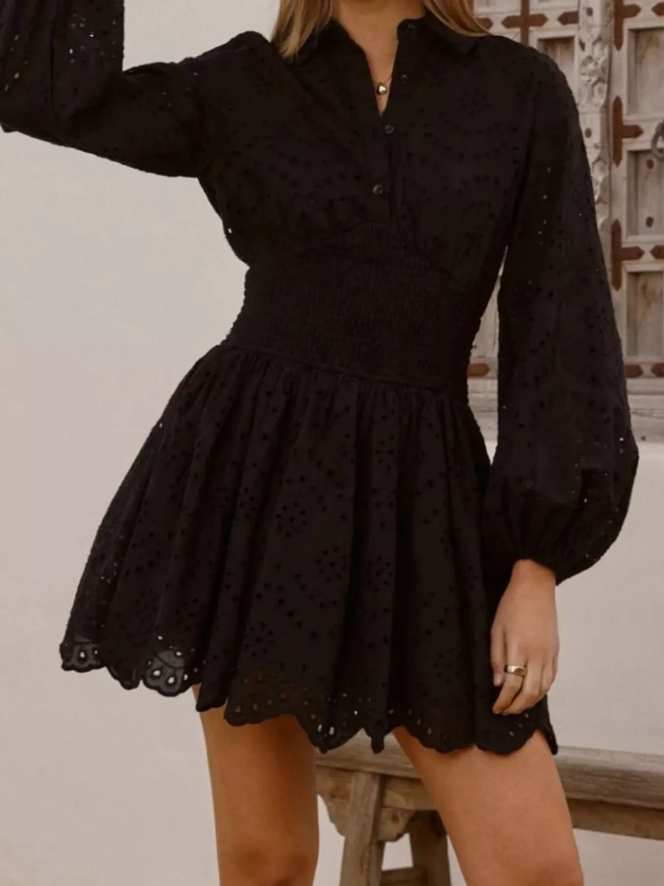 Eyelet Balloon Sleeve Mini Dress