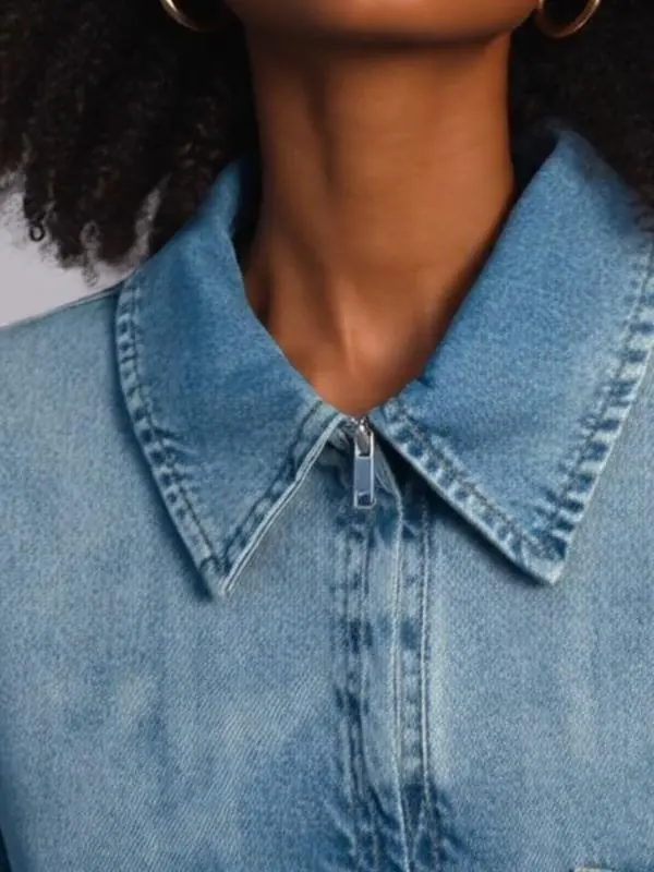 Women's Denim Dress Half-Zip Collared Vintage Washed Blue Loose Fit Long Sleeve