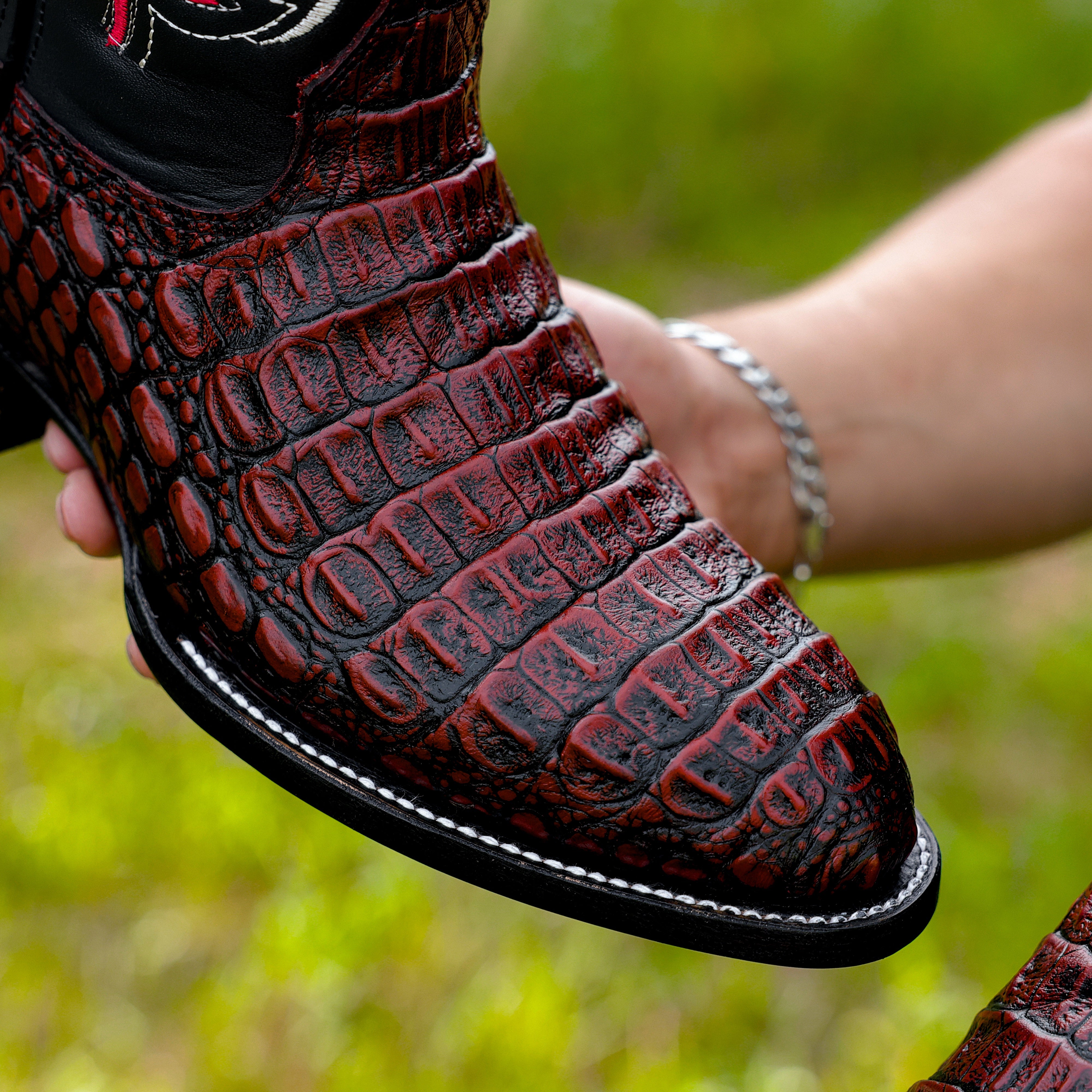 Black Cherry Caiman Hornback Leather Boots - Round Toe