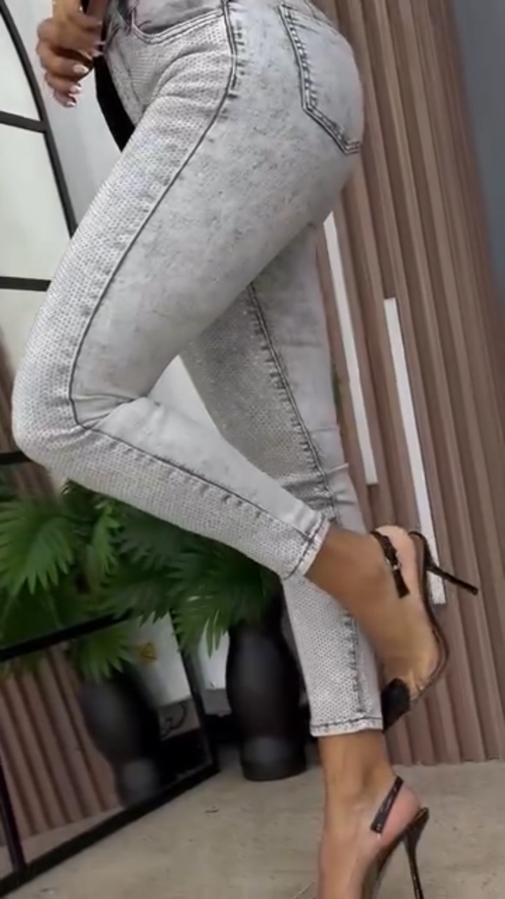 Womens High Waisted Rhinestone Casual Jeans