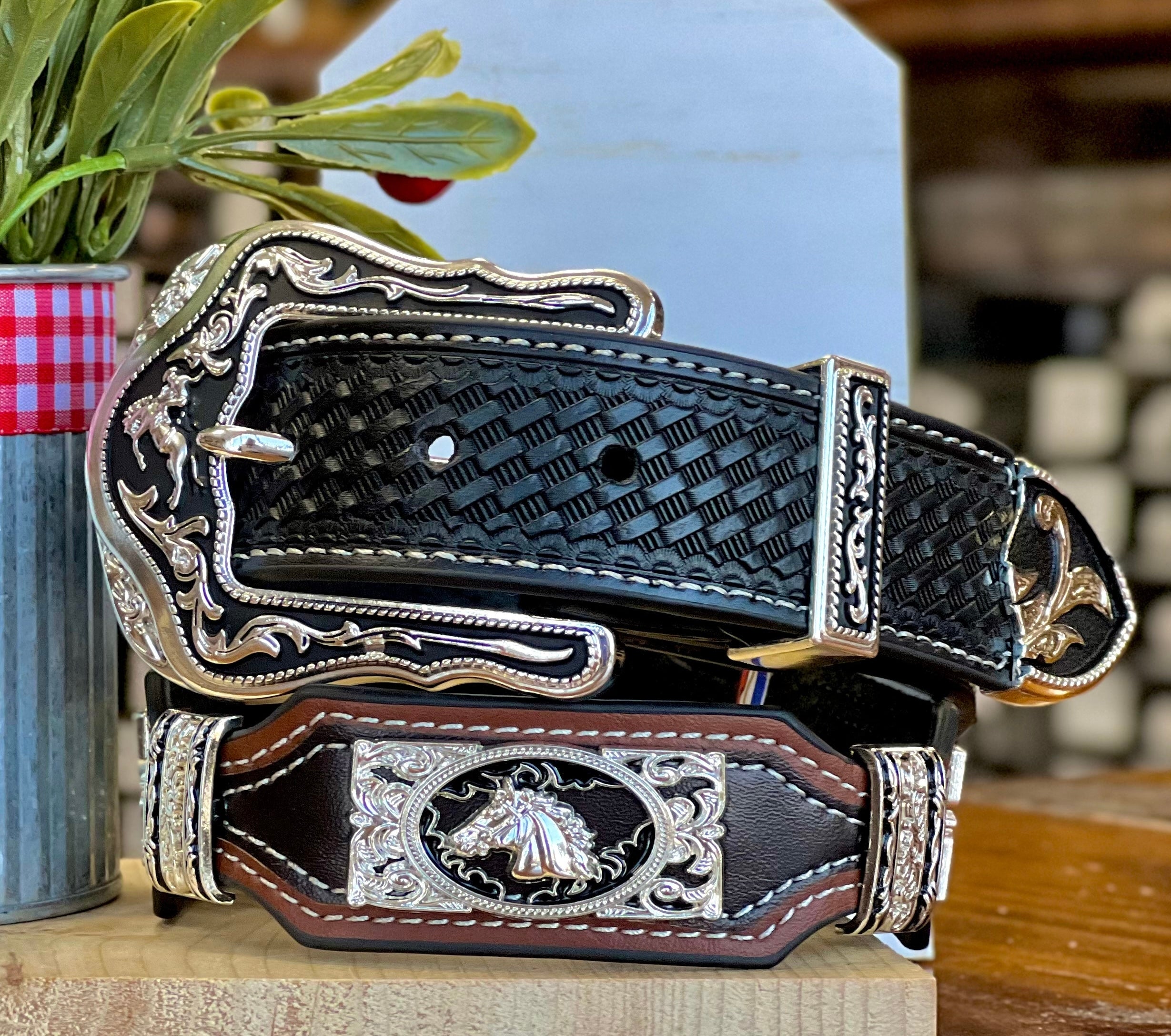 Men’s Black and Brown Leather Belt With Horse Concho