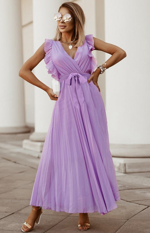 Beach Lotus Leaf Sleeve Chiffon Pleated Skirt Solid Color Dress