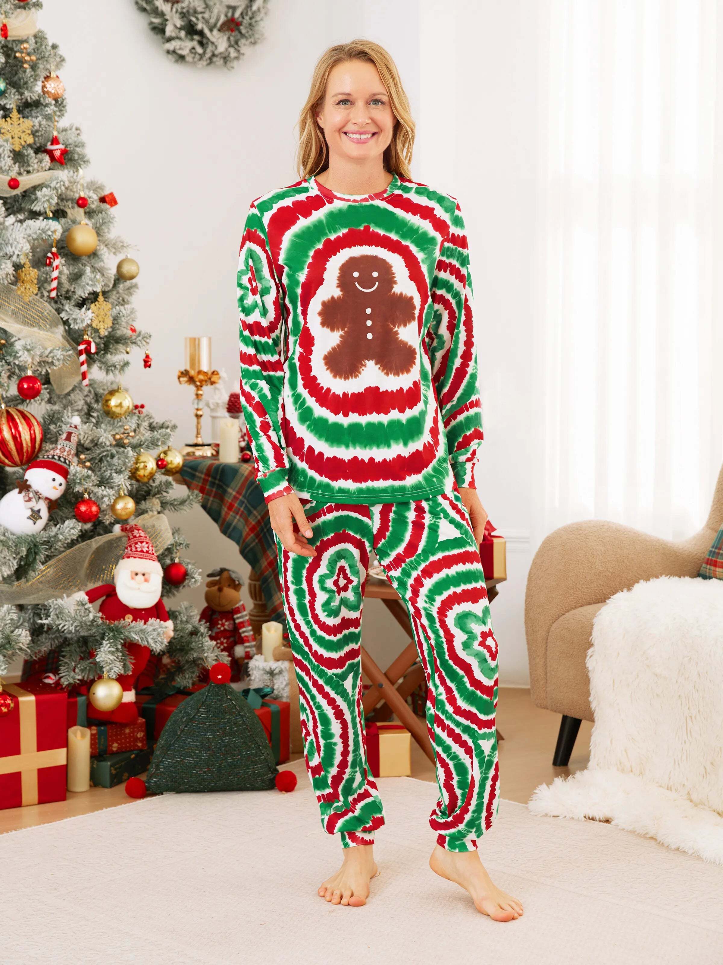 Christmas Family Red&Green Tie-Dye Gingerbread Man Pajamas Sets with Christmas Socks MultiColour