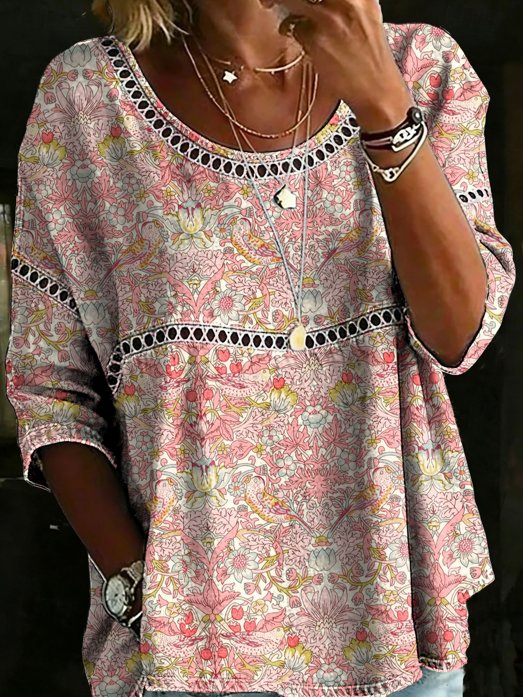 Women's Vintage Flower Casual Loose Denim Blouse Shirt