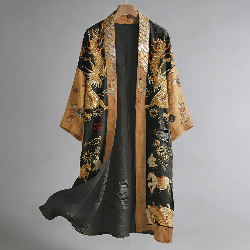 Retro Dragon Mural-inspired Pattern Casual Linen Blend Kimono
