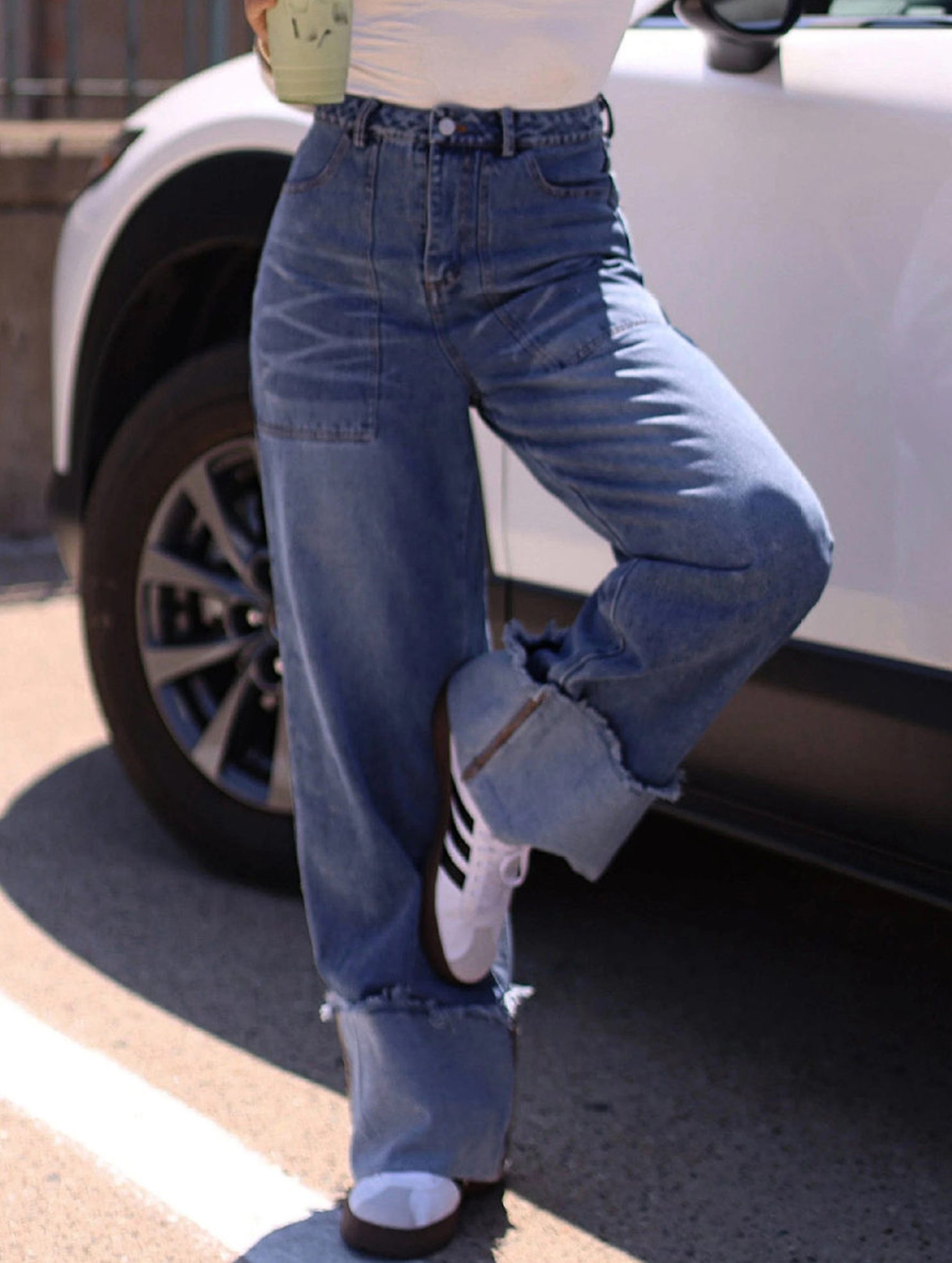 Women's high-waisted, rolled-up retro casual jeans_CWJP00871