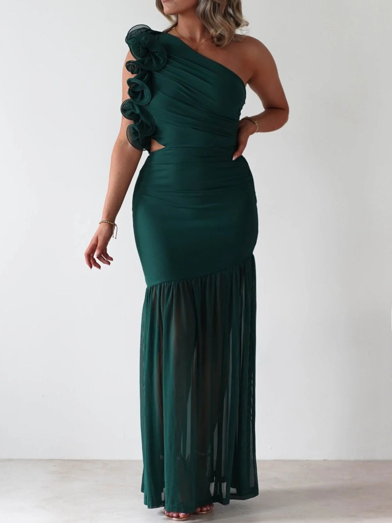 One-Shoulder Ruffle Trim Maxi Dress