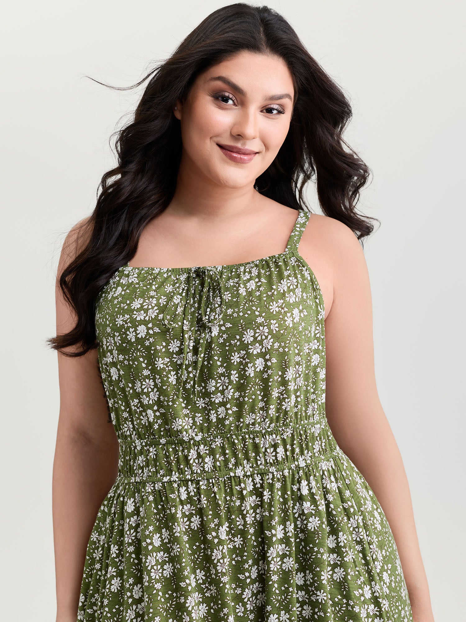 Dense Floral Print Cinched-Waist Midi Dress