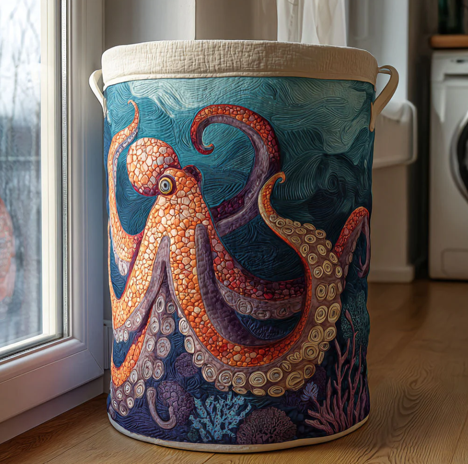 Vivid Underwater Octopus Pattern Quilted Laundry Basket Eco-Friendly Machine Washable Storage Organizer for Home Coastal Bathroom Decor | Octopus