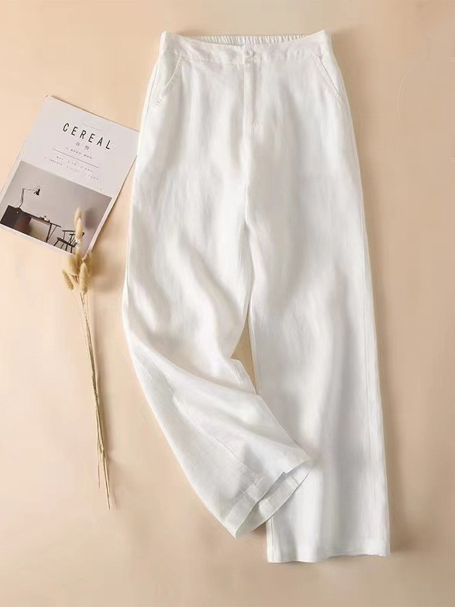 Women's Solid Color Half Elastic Waist Casual Cotton and Linen Wide Leg Pants