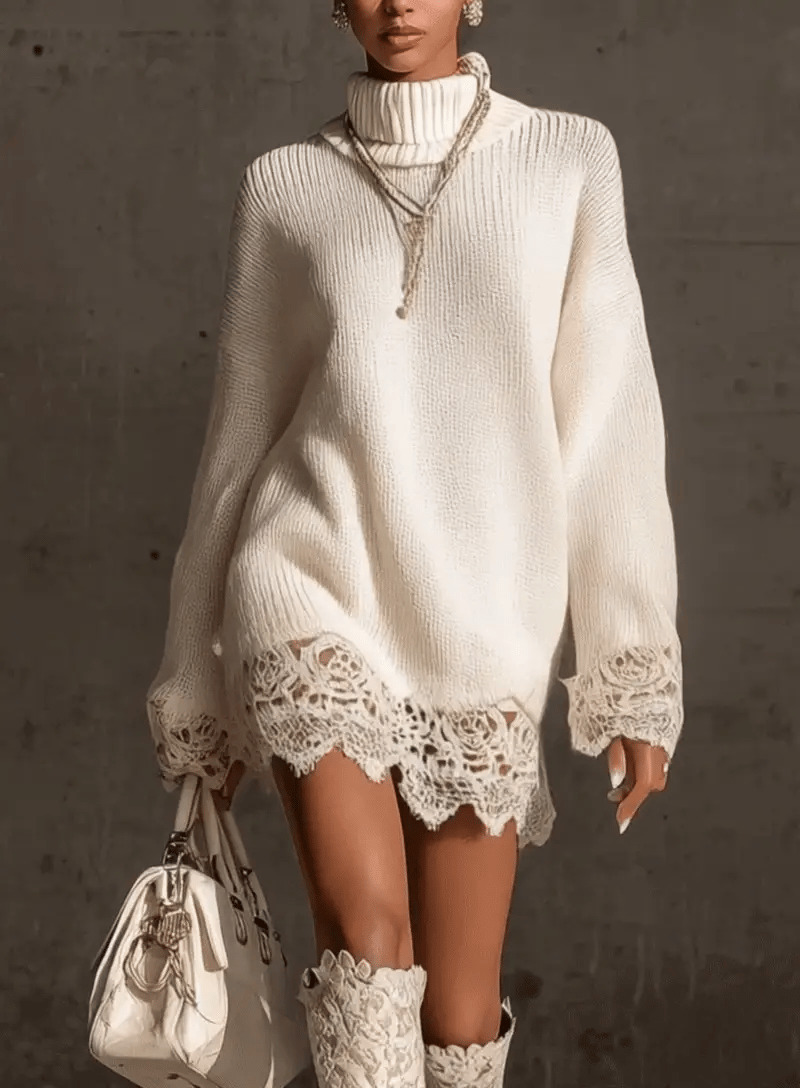 White Turtleneck Knit Mini Dress With Lace Trim