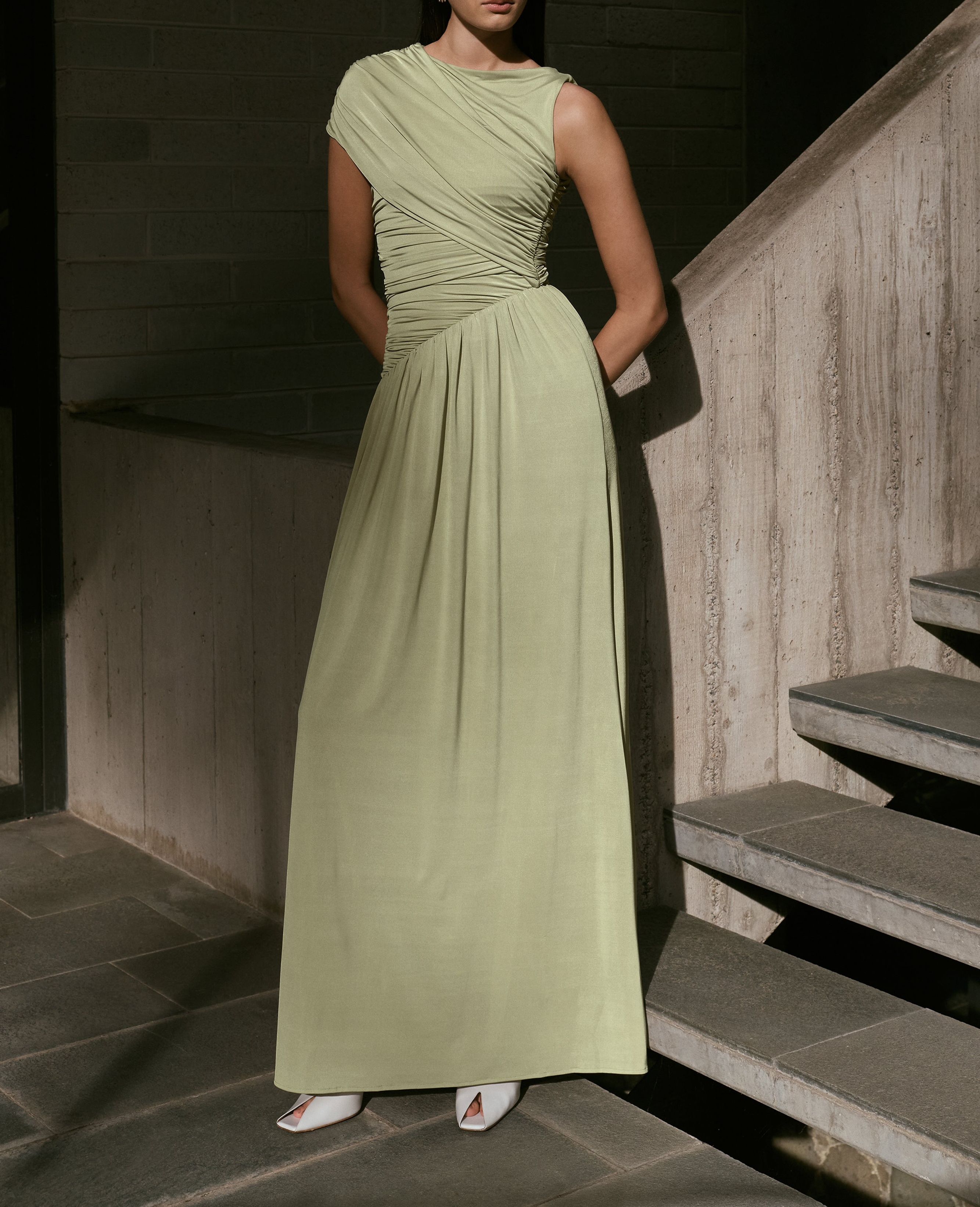 Sage Slinky Asymmetric Maxi Dress